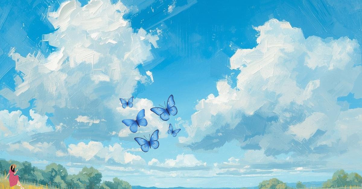 A woman in a hat on a hill gazing at butterflies